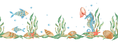 horizontal aquarelle mer, Marin sans couture frontière modèle. mignonne des poissons, hippocampe, rouge étoile de mer, Orange filet, algues, coquillages et l'eau bulles. main tiré illustration. pouvez être utilisé pour en tissu png