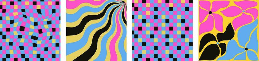 Collection of retro checkerboard backgrounds featuring vivid hues. A groovy and psychedelic chessboard pattern inspired by the 60s and 70s. vector