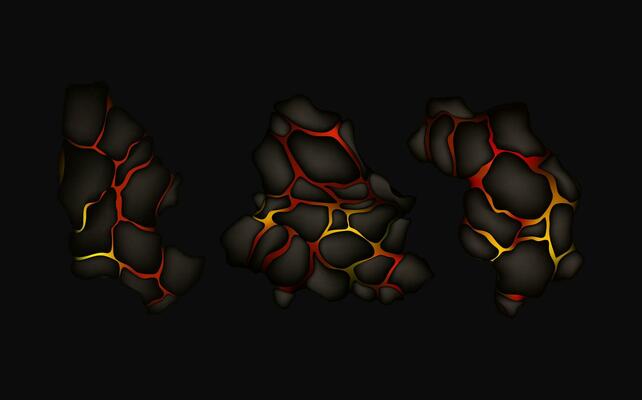 Stylized abstract background of volcano magma glow texture in cracking holes.Destroyed earth surface and flowing lava.