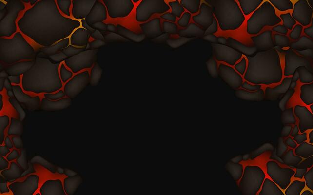 Stylized abstract background of volcano magma glow texture in cracking holes.Destroyed earth surface and flowing lava.