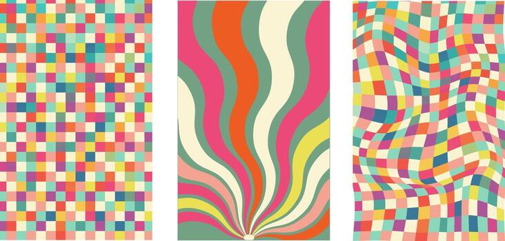 colección de retro tablero de damas antecedentes presentando vívido matices un maravilloso y psicodélico tablero de ajedrez modelo inspirado por el 60s y años 70 vector