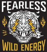 Fearless. Wild Energy. Tiger Face with Lightning Bolts Color. Vector Illustration.