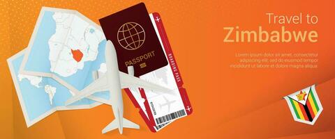 Travel to Zimbabwe pop-under banner. Trip banner with passport, tickets, airplane, boarding pass, map and flag of Zimbabwe. vector