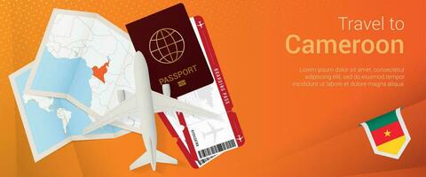 Travel to Cameroon pop-under banner. Trip banner with passport, tickets, airplane, boarding pass, map and flag of Cameroon. vector