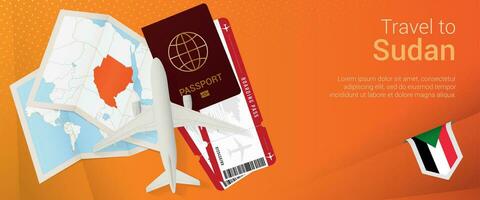 Travel to Sudan pop-under banner. Trip banner with passport, tickets, airplane, boarding pass, map and flag of Sudan. vector