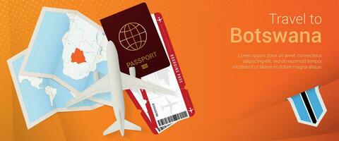 Travel to Botswana pop-under banner. Trip banner with passport, tickets, airplane, boarding pass, map and flag of Botswana. vector