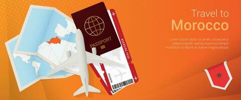 Travel to Morocco pop-under banner. Trip banner with passport, tickets, airplane, boarding pass, map and flag of Morocco. vector