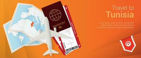Travel to Tunisia pop-under banner. Trip banner with passport, tickets, airplane, boarding pass, map and flag of Tunisia. vector