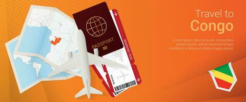 Travel to Congo pop-under banner. Trip banner with passport, tickets, airplane, boarding pass, map and flag of Congo. vector