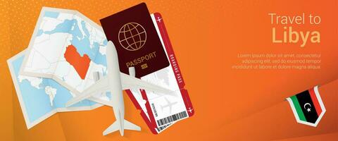 Travel to Libya pop-under banner. Trip banner with passport, tickets, airplane, boarding pass, map and flag of Libya. vector