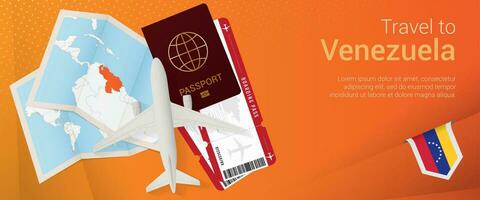 Travel to Venezuela pop-under banner. Trip banner with passport, tickets, airplane, boarding pass, map and flag of Venezuela. vector