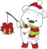 Christmas polar bear fishing for gift vector
