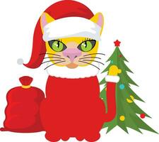 A cute cat wearing a Santa hat standing with christmas tree and a red git bag shows a Christmas present vector