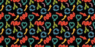 Colorful playful arrows in trendy style with vector texture. Direction indicators seamless pattern.