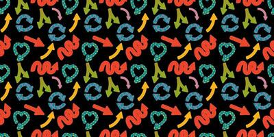 Colorful playful arrows in trendy style with vector texture. Direction indicators seamless pattern.