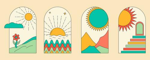 Set of 70s groovy arch frame in Hippie retro style. Vector illustration