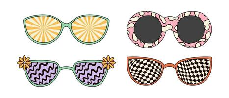 Set of psychedelic sunglasses with trippy designs and vintage colors. Vector graphics isolated on white background