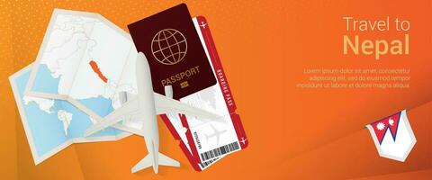 Travel to Nepal pop-under banner. Trip banner with passport, tickets, airplane, boarding pass, map and flag of Nepal. vector