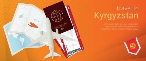 Travel to Kyrgyzstan pop-under banner. Trip banner with passport, tickets, airplane, boarding pass, map and flag of Kyrgyzstan. vector