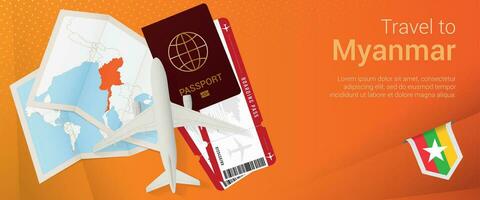 Travel to Myanmar pop-under banner. Trip banner with passport, tickets, airplane, boarding pass, map and flag of Myanmar. vector