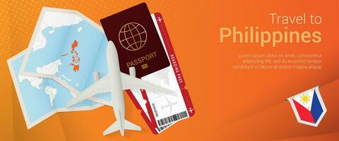 Travel to Philippines pop-under banner. Trip banner with passport, tickets, airplane, boarding pass, map and flag of Philippines. vector