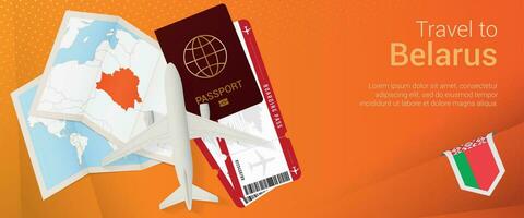 Travel to Belarus pop-under banner. Trip banner with passport, tickets, airplane, boarding pass, map and flag of Belarus. vector