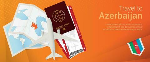 Travel to Azerbaijan pop-under banner. Trip banner with passport, tickets, airplane, boarding pass, map and flag of Azerbaijan. vector