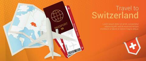 viaje a Suiza pop-under bandera. viaje bandera con pasaporte, Entradas, avión, embarque aprobar, mapa y bandera de Suiza. vector