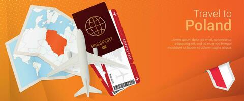 Travel to Poland pop-under banner. Trip banner with passport, tickets, airplane, boarding pass, map and flag of Poland. vector