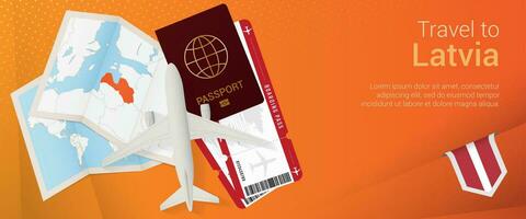 Travel to Latvia pop-under banner. Trip banner with passport, tickets, airplane, boarding pass, map and flag of Latvia. vector