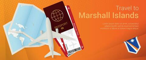 viaje a Marshall islas pop-under bandera. viaje bandera con pasaporte, Entradas, avión, embarque aprobar, mapa y bandera de Marshall islas vector