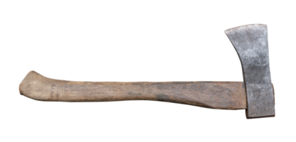 Old rust dirty dark gray axe with brown wooden handle isolated with clipping path in png format