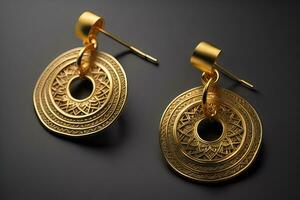 Earrings made of gold on a solid color background close up. ai generative photo