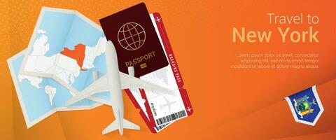 Travel to New York pop-under banner. Trip banner with passport, tickets, airplane, boarding pass, map and flag of New York. vector