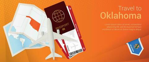 Travel to Oklahoma pop-under banner. Trip banner with passport, tickets, airplane, boarding pass, map and flag of Oklahoma. vector
