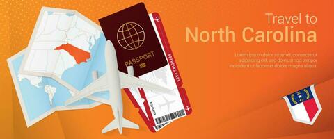 Travel to North Carolina pop-under banner. Trip banner with passport, tickets, airplane, boarding pass, map and flag of North Carolina. vector