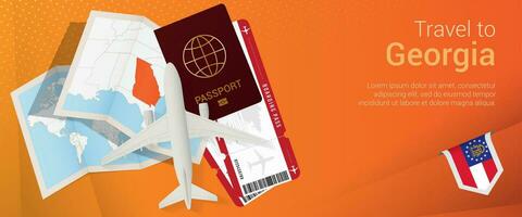 Travel to Georgia pop-under banner. Trip banner with passport, tickets, airplane, boarding pass, map and flag of Georgia. vector