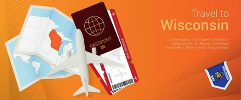 Travel to Wisconsin pop-under banner. Trip banner with passport, tickets, airplane, boarding pass, map and flag of Wisconsin. vector