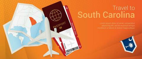 Travel to South Carolina pop-under banner. Trip banner with passport, tickets, airplane, boarding pass, map and flag of South Carolina. vector