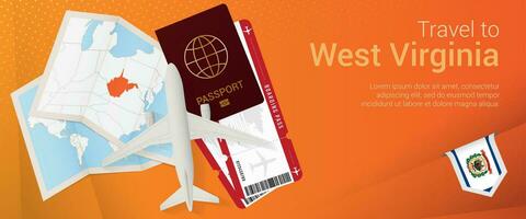 Travel to West Virginia pop-under banner. Trip banner with passport, tickets, airplane, boarding pass, map and flag of West Virginia. vector