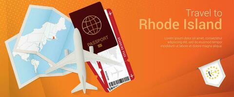 Travel to Rhode Island pop-under banner. Trip banner with passport, tickets, airplane, boarding pass, map and flag of Rhode Island. vector