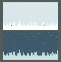 Day and night of winter landscape with pine forest, reindeer, fox and snowfall minimal style vector illustration have blank space. Merry Christmas and Happy New Year greeting card template.