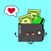 Wallet with money and credit card doing yoga with speech bubble. Vector hand drawn cartoon kawaii character illustration icon. Isolated on blue background. Wallet with money in love character concept