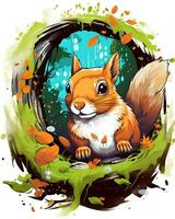 A Colorful Squirrel wild in the enchanted woods Illustration Vector Background Generated by AI photo