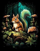 A Colorful Squirrel wild in the enchanted woods Illustration Vector Background Generated by AI photo