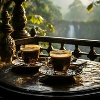 Several cups of tea and coffee on table enjoying warm drink with waterfall background, great for self healing, mood, relax, social media, business, company. image of generative Ai photo