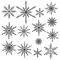 Set snowflakes in doodle style. Snowflakes isolated on white background for winter design. Snowflakes icons set. Vector illustration