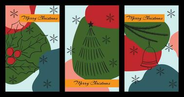 Merry Christmas. Set of three hand drawn greeting cards. Holiday illustration in doodle style. Vector illustration