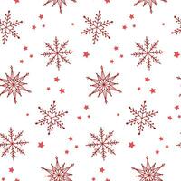 Winter seamless pattern. Red doodle snowflakes and stars on white background. Pattern for textile, fabric, card, wrapping paper, invitation, wallpaper, etc. Vector illustration