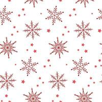 Winter seamless pattern. Red doodle snowflakes and stars on white background. Pattern for textile, fabric, card, wrapping paper, invitation, wallpaper, etc. Vector illustration